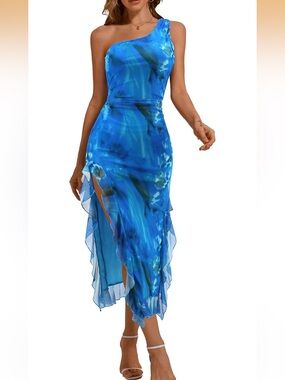 DRESSTELLS Blue Tie-Dye One-Shoulder Dress, Size L, NWT